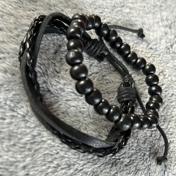 NWOT🌟Mens Black Multilayer Faux Leather & Beaded Bracelets - Picture 3 of 6